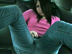Ashley car solo. Naughty teenage shemale jerking off her fat dick on the back seat